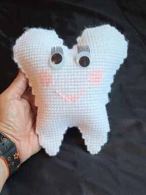 Handmade White Tooth Plush with Googly Eyes